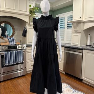 Chepè Italy 100% Cotton Chic Black Ruffle Midi Dress XS